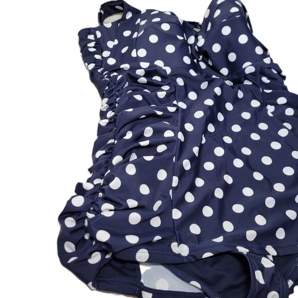 Unique Vintage Navy & White Polka Dot Corinne Halter Sheath Swimsuit 1X NWT - Picture 5 of 13